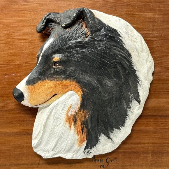 Vintage 1991 Pamela Gravitt Rough Collie Dog Wall Clock Wood Art Signed - Picture 2 of 12